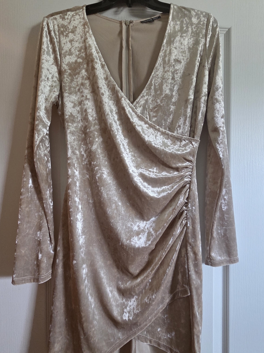 Gianni Bini Champagne Crushed Velvet Faux-Wrap Long Sleeve Dress